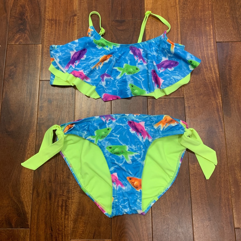 Justice blue and neon yellow fish bikini